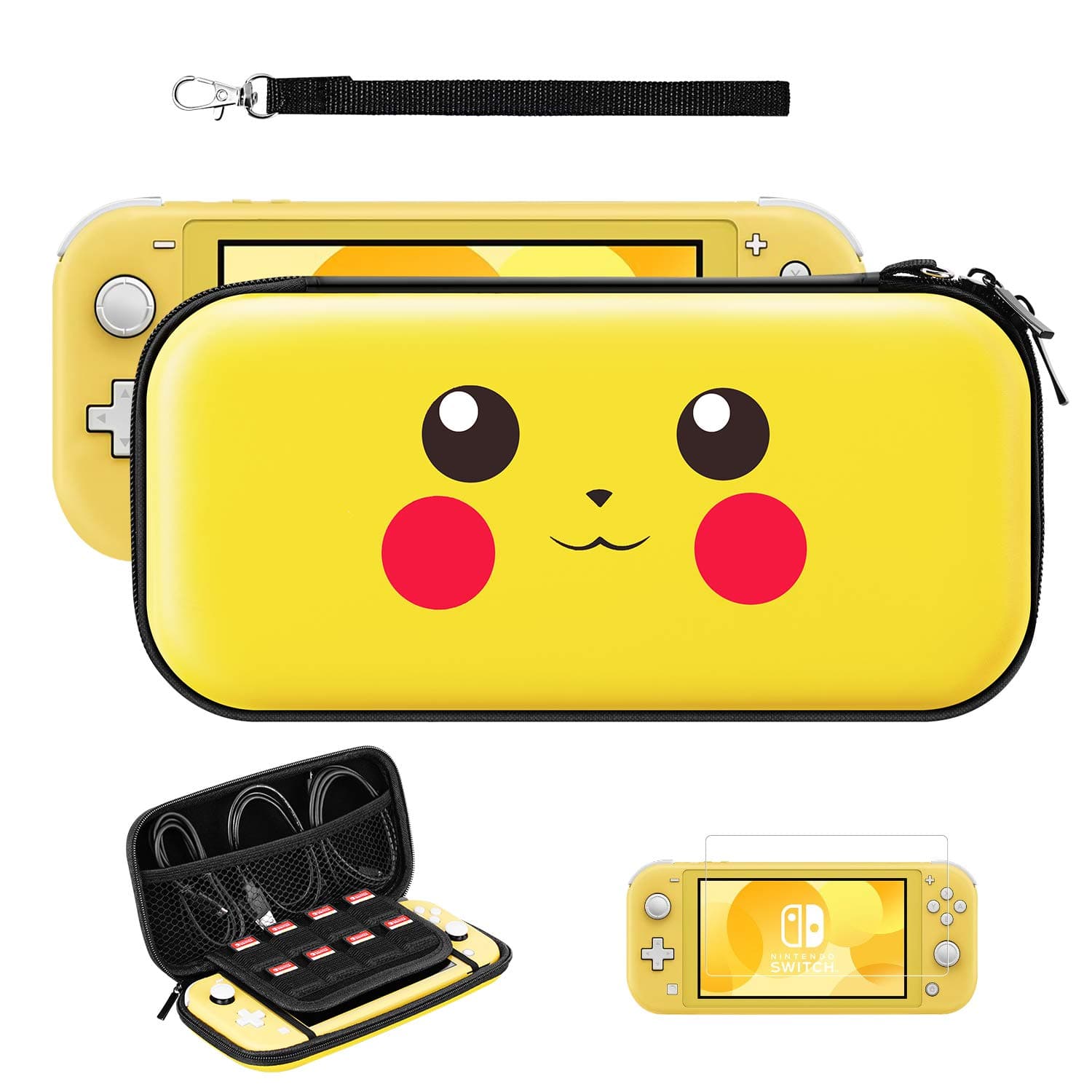 JINGDU Carrying Case Compatible with Nintendo Switch Lite, The Cute Yellow Storage Bag Accessories with 10 Game Card Slots is Convenient for Travel, Include Screen Protector & Hand Strap, Pikachu