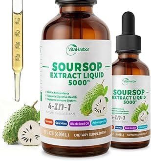 VitaHarbor 4-in-1 Soursop Bitters Liquid, Soursop Oil with Sea Moss & Black Seed Oil & Ashwagandha, for Immune & Digestive & Cell Support, Sugar-Free | Non-GMO | Vegan (2 Fl oz) Slightly Sweet Flavor