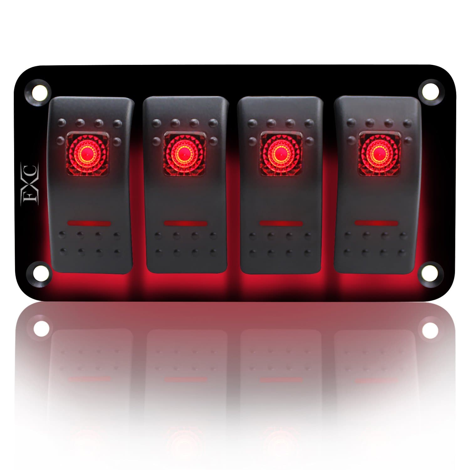 FXC Rocker Switch Aluminum Panel 4 Gang Toggle Switches Dash 5 Pin ON/Off 2 LED Backlit for Boat Car Marine Red