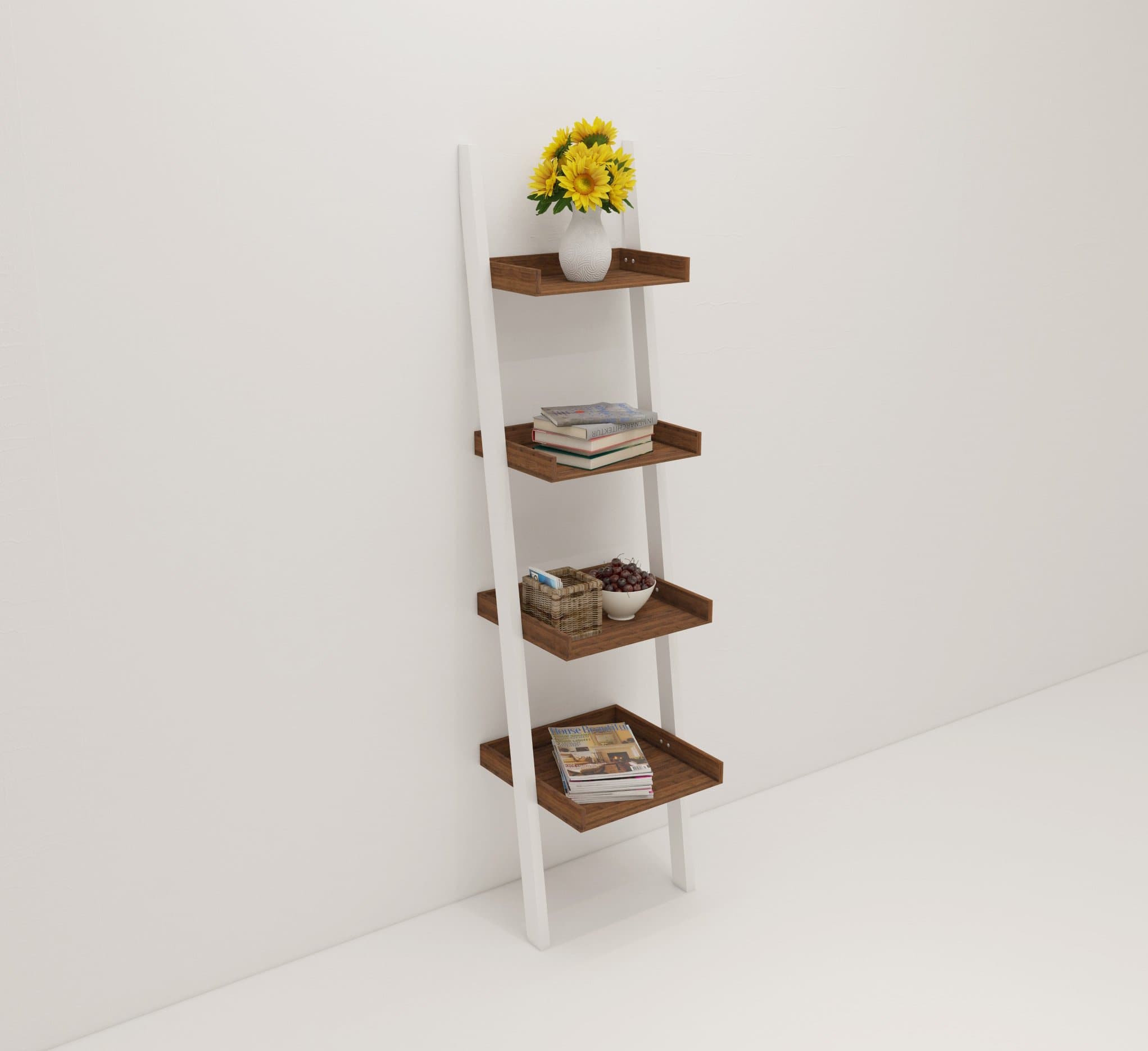 Amayo Home 4 Tier Bookcase White Ladder Shelf Unit Display Shelves Storage Shelving Leaning Bookshelf in White and Walnut Color. Sturdy, Modern & Multi Use for Any Rooms Indoor