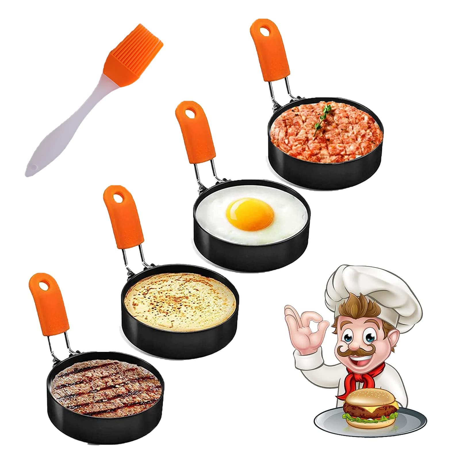 Cozii 4 Pack Stainless Steel Egg Ring Molds with Anti-scald Handle and Oil Brush Non Stick Circles for Fried Egg McMuffin Sandwiches, Frying, Breakfast Household Kitchen Cooking Tool Omelette