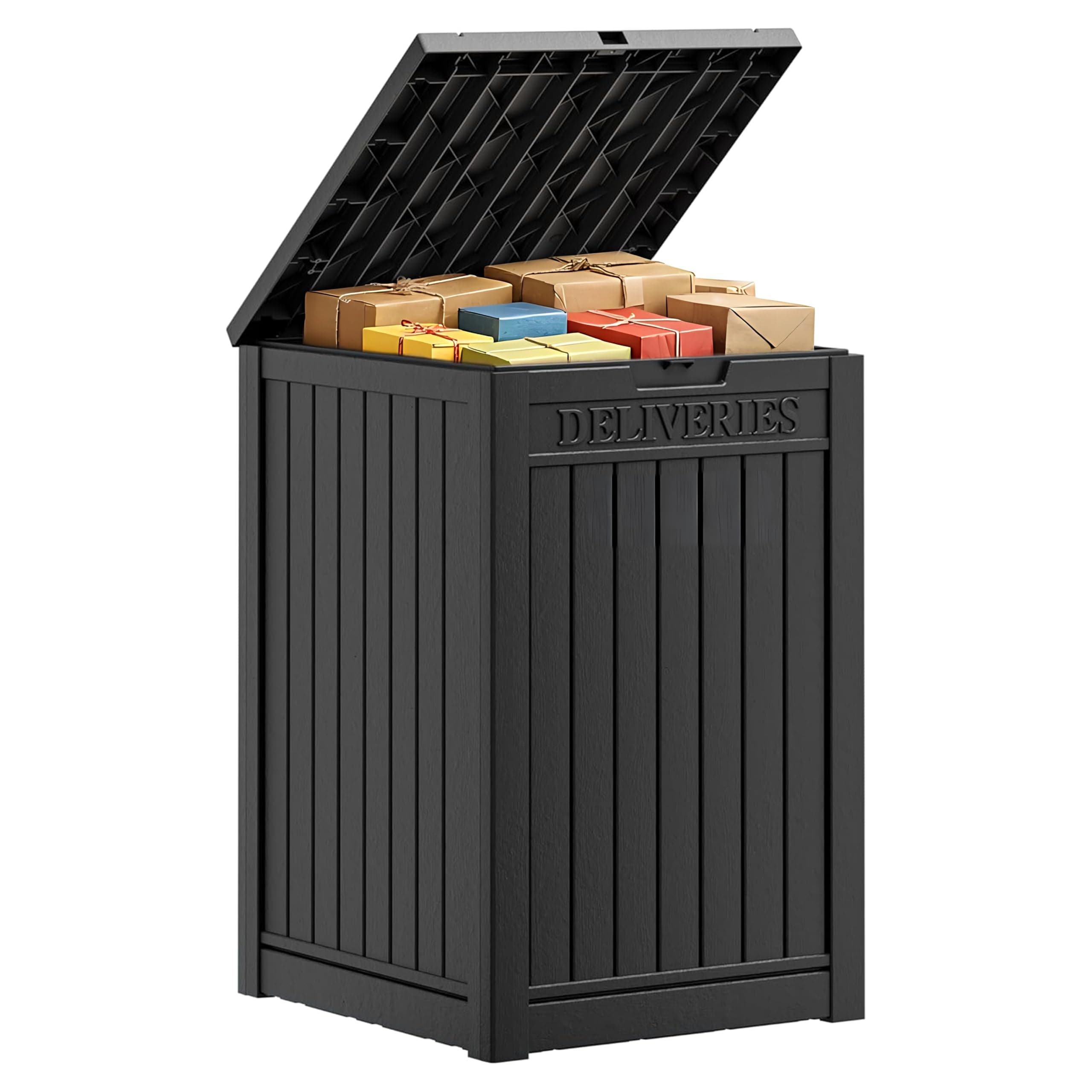 57 Gallon Resin Package Delivery Box, Large Double Wall Lockable Resin Outdoor Package, Waterproof Deck Box for Porches, Patios, Indoor & Outdoor Use (Black)