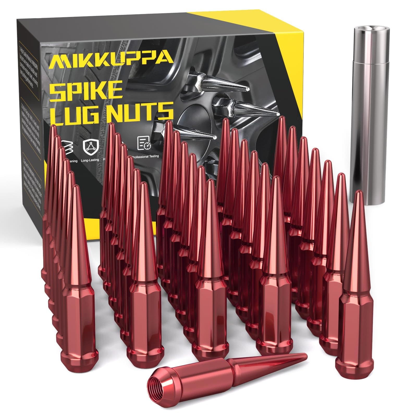 MIKKUPPA M14x1.5 Wheel Spike Lug Nuts, 32 PCS Red Spiked 14mmx1.5 Solid 4.4" Tall Acorn Lug Nuts with 1 Socket Key Replacement for Chevy Silverado 1500 2500 3500, F-150 F-250 F-350