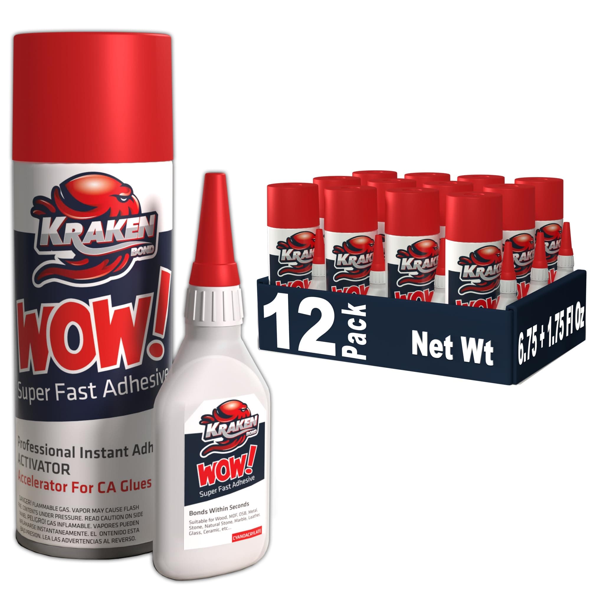 Kraken Bond WOW! CA Glue (12x1.75 oz) & Activator (12x6.75 fl oz) - Cyanoacrylate Glue for Woodworking, Craft & Repairs | Fast Bonding | 12 Pack