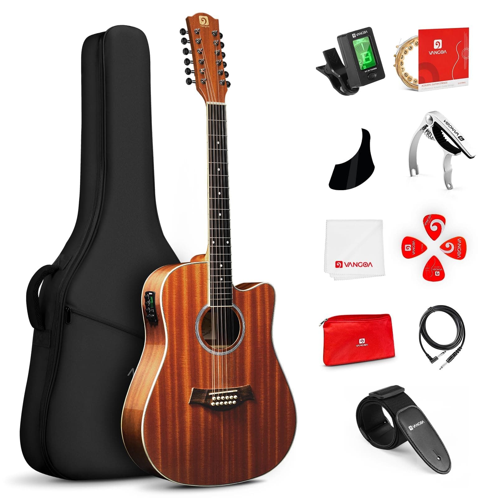 Vangoa 12 String Guitar Acoustic Electric, Upgraded Guitar 12 Strings Bundle for Beginner Intermediate Adults Teens, Guitarra de 12 Cuerdas, Sapele Body Bone Nut, Brown Glossy