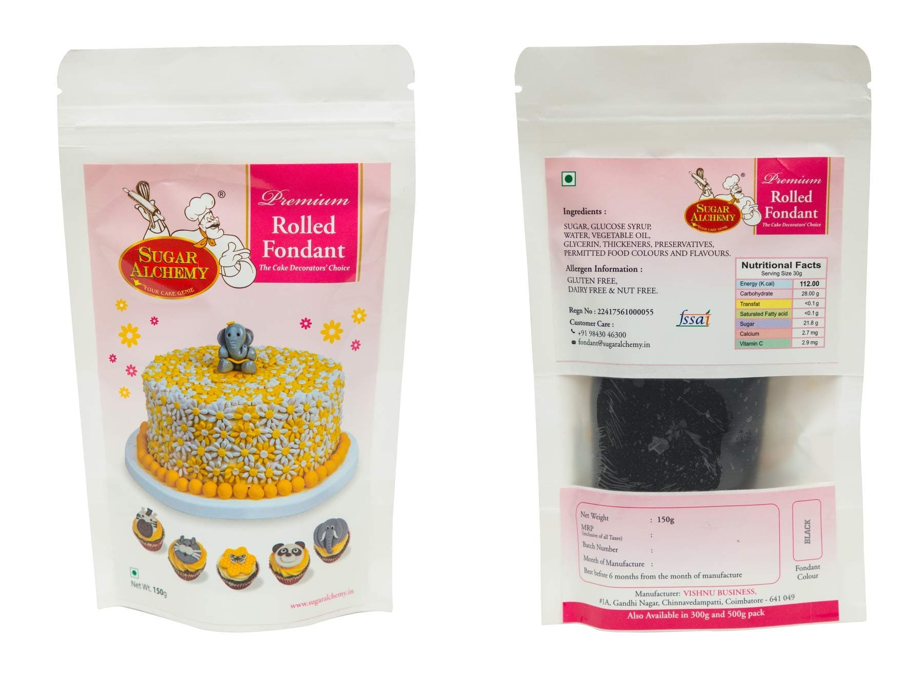 Sugar Alchemy® Fondant or Sugar Paste: 150g Black (Gold, 9 Colors, 4 Flavors & Sparkle Range, ₹140-550)