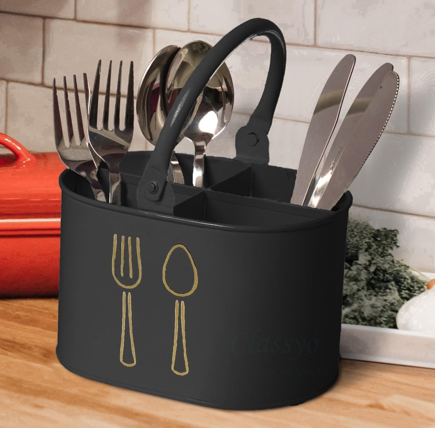 Classyo Metal Cutlery Holder for Kitchen, Spoon Stand for Kitchen- Spoon Holder- Spoon Stand for Dining Table (Black, 7 x 5 x 5 inch)