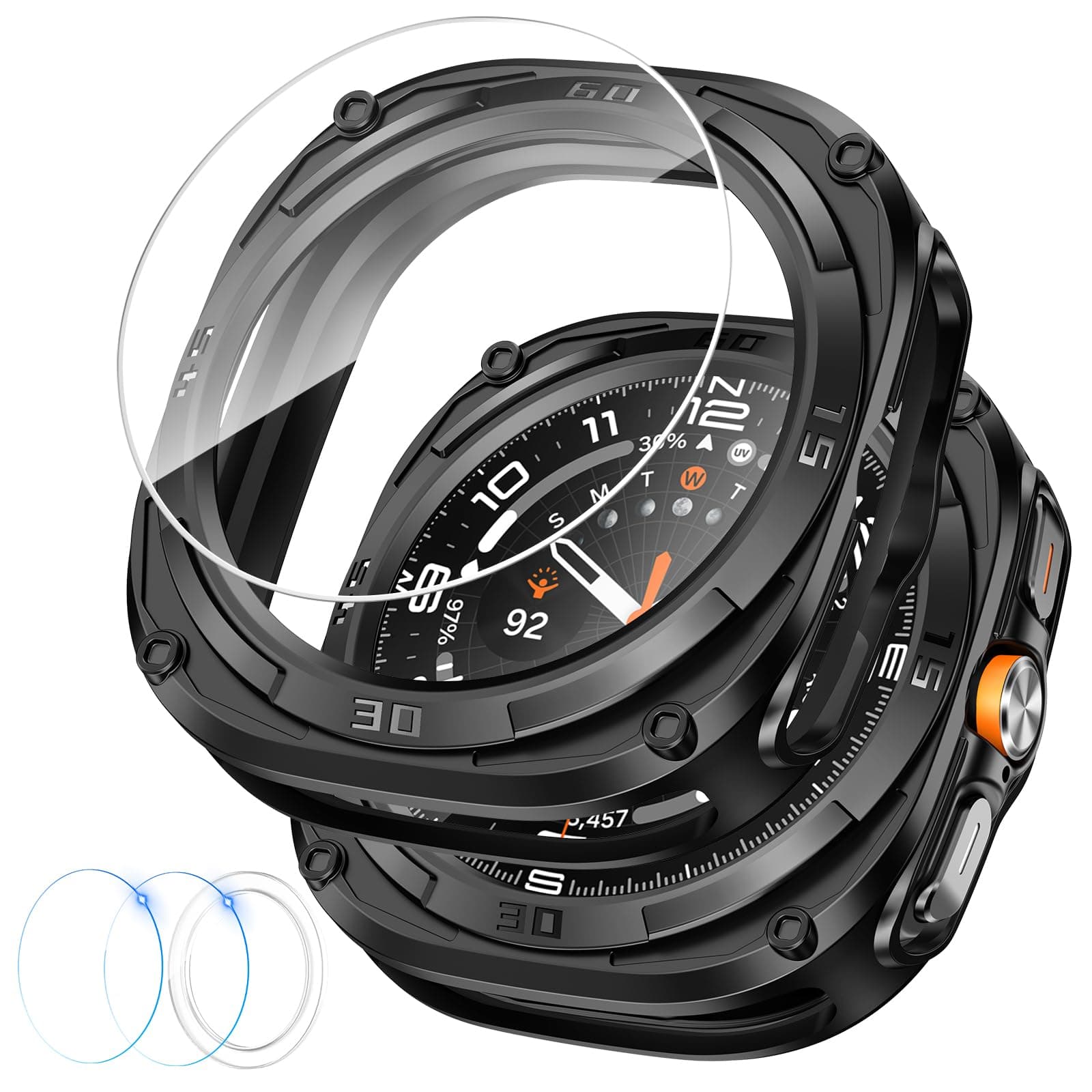 for Samsung Galaxy Watch Ultra Screen Protector 47mm Case, Rugged Soft TPU Bumper Face Cover + 2 Tempered Glass Film for Galaxy Watch 7 Ultra 47mm Accessories