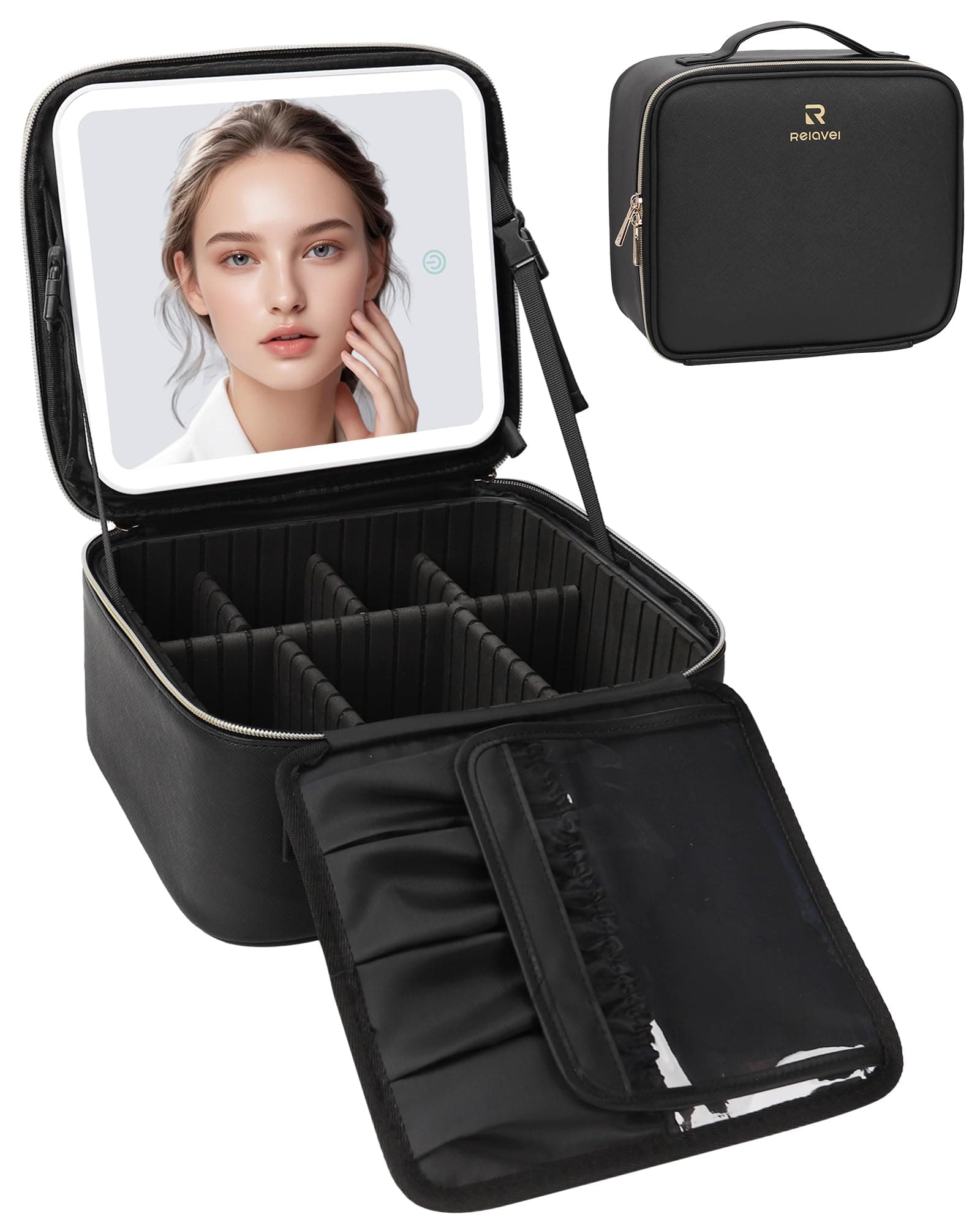 Relavel Travel Makeup Train Case - Portable Artist Storage Bag With Adjustable Dividers for Cosmetics, Brushes, Toiletry, Jewelry - Black, Small