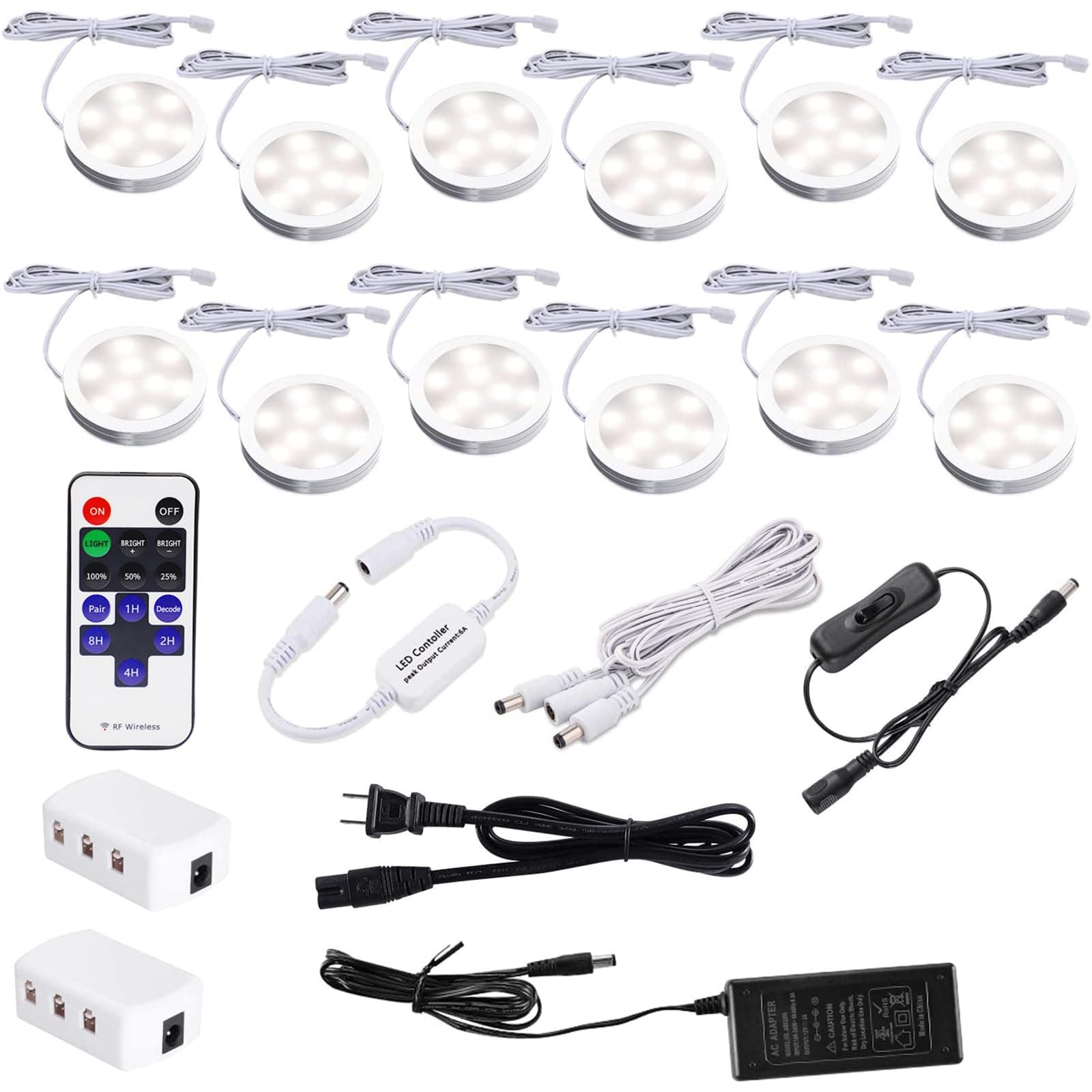 AIBOOUnder Counter Lighting Kit,12 pcs 4000K Plug in LED Puck Lights,24W Ultra Slim Dimmable White Fixtures for Kitchen Cabinet,Wine Cabinet,Closet and Showcase Lighting(4000K, Natural White)