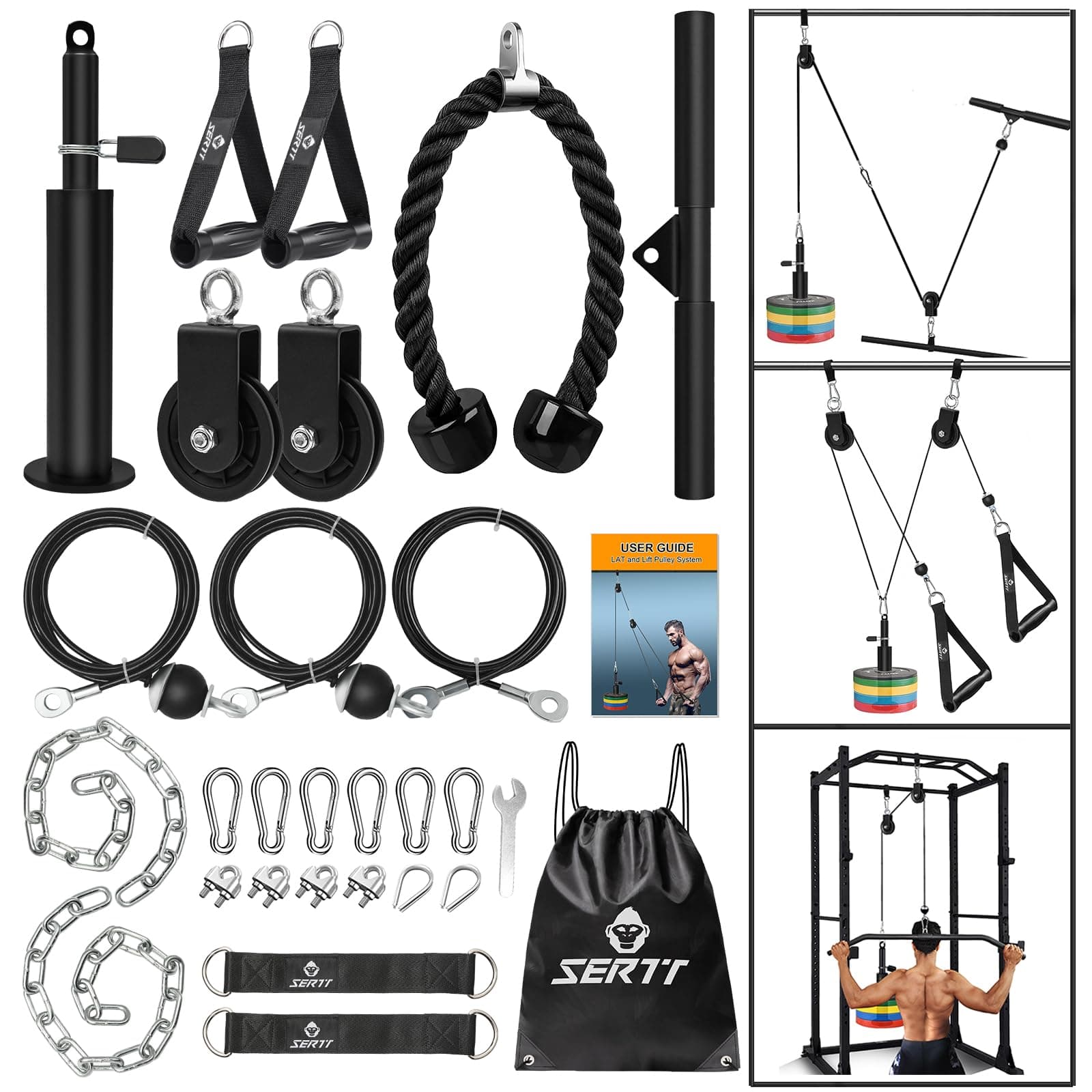 SERTT Weight Cable Pulley System Gym, Upgraded Cable Pulley Attachments for LAT Pull Down, Biceps Curl, Tricep, Arm Workouts - Home Gym Add On Equipment