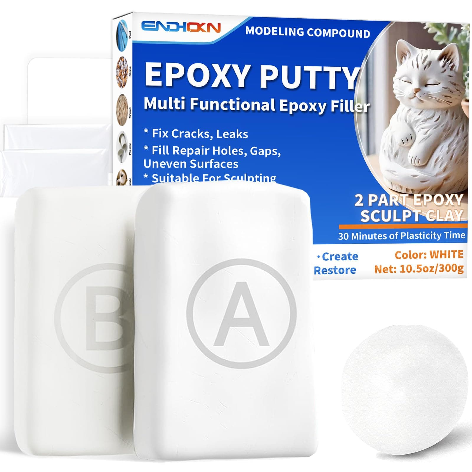Epoxy Putty, Endhokn 300g White Putty Stick Fix Leaks, Cracks and Fill Holes, Sculpting, Modeling, Epoxy Sculpt Clay for Metal, Ceramics, Plastic, Wood, Tile, Concrete