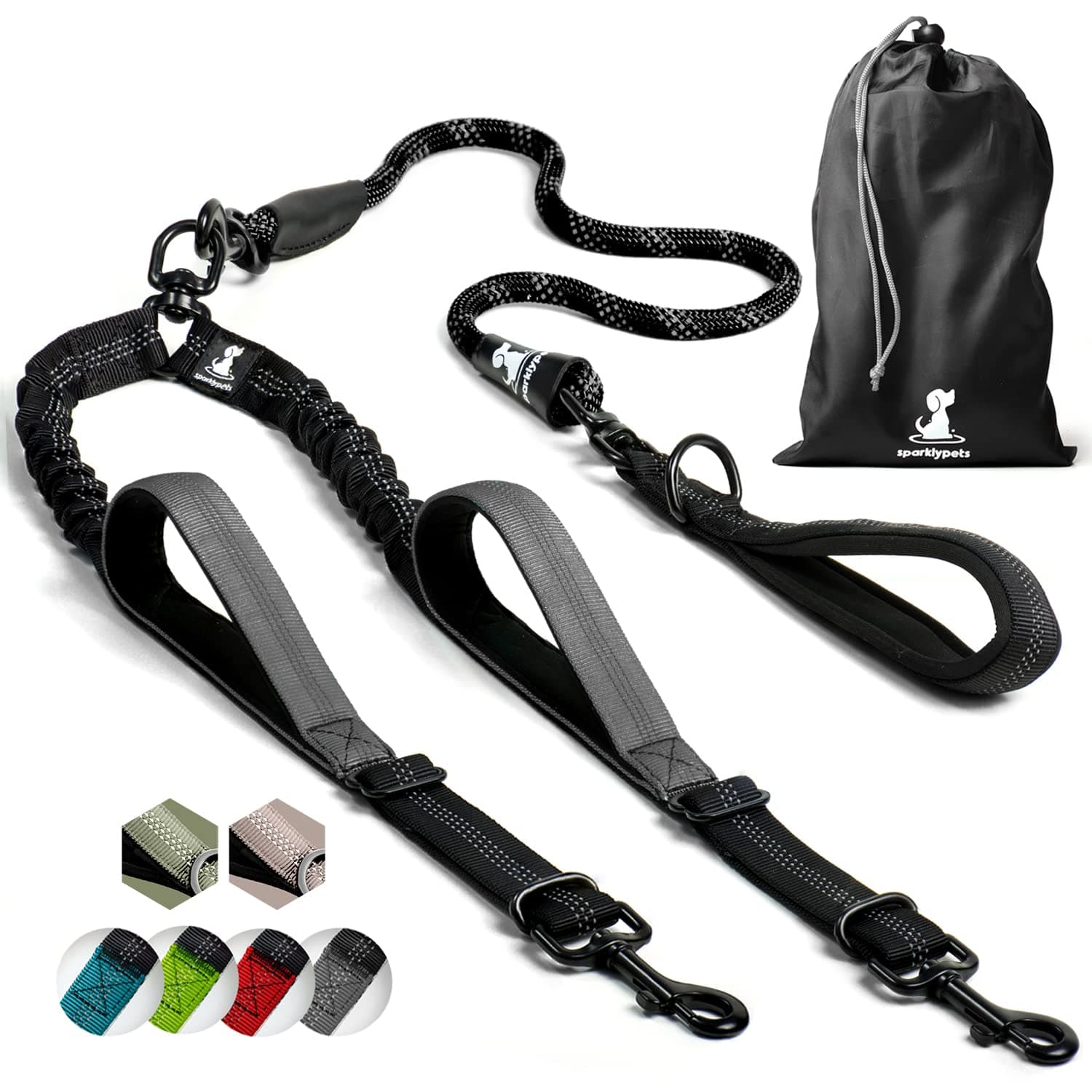 Double Dog Leash for 2 Dogs – Rope Bungee Dual Leash for Medium and Large Breeds with Padded Handles & Tangle Free (Black, Medium/Large)