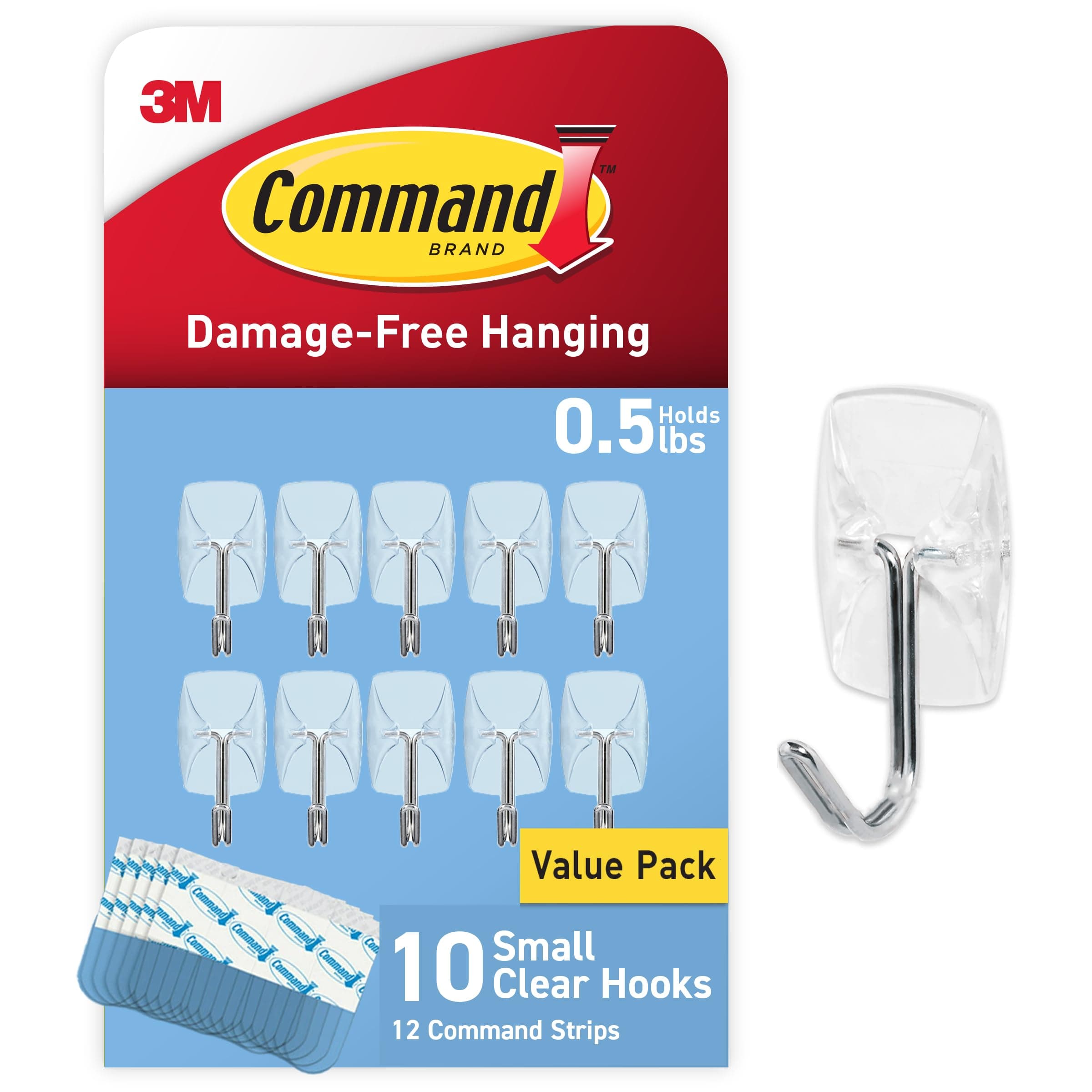 3M Command Small Wire Toggle Hooks, Damage Free Hanging Wall Hooks with Adhesive Strips, No Tools Wall Hooks for Hanging Decorations in Living Spaces, 10 Clear Hooks and 12 Command Strips