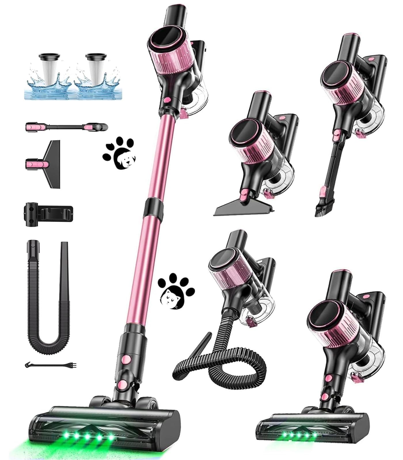 Cordless Vacuum Cleaner, 10 in 1 Stick Vacuum with Powerful Suction, Hose, Green LED Light, Anti-Tangle Brush, Lightweight Rechargeable Vacuum Cleaner for Home, Hardwood Floors, Carpets, Pet Hair,Pink