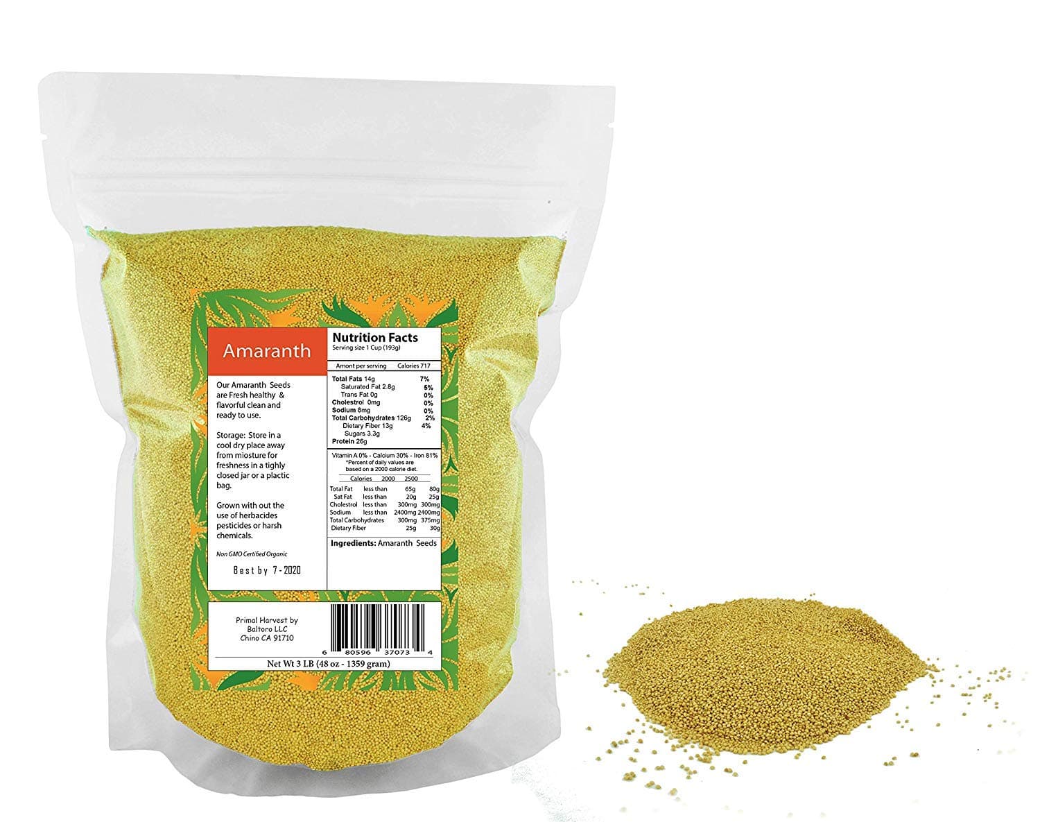 Organic Whole Grain Amaranth Grain Seeds non-GMO RAW non-GMO Vegan Bulk (3LB)