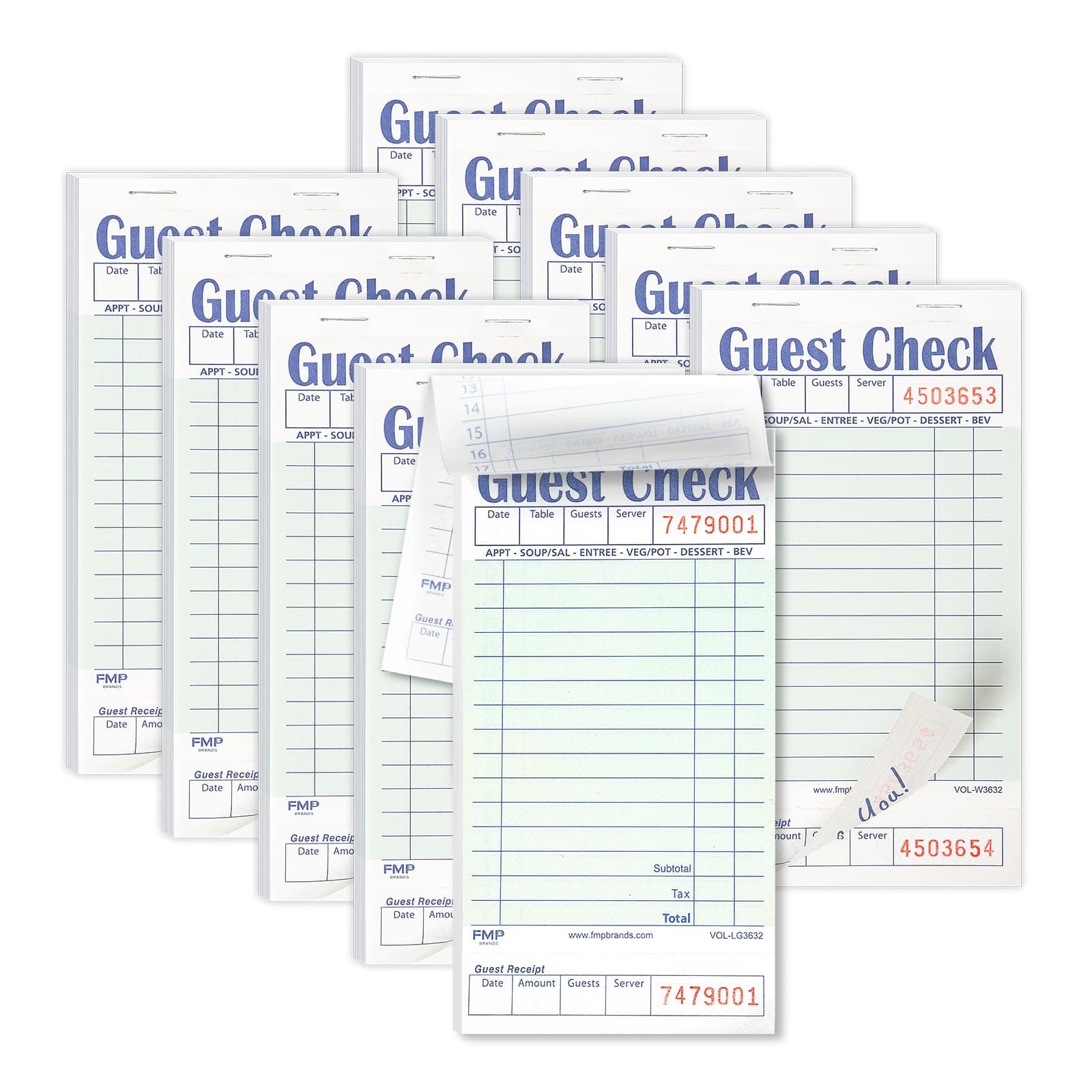 FMP Brands Guest Check Books for Servers, Server Note Pads Paper, Total 500 Sheets (10 Pads), Light Green with Guest Receipt, Guest Check Pads, Restaurant Order Pads, Waitress Notepads