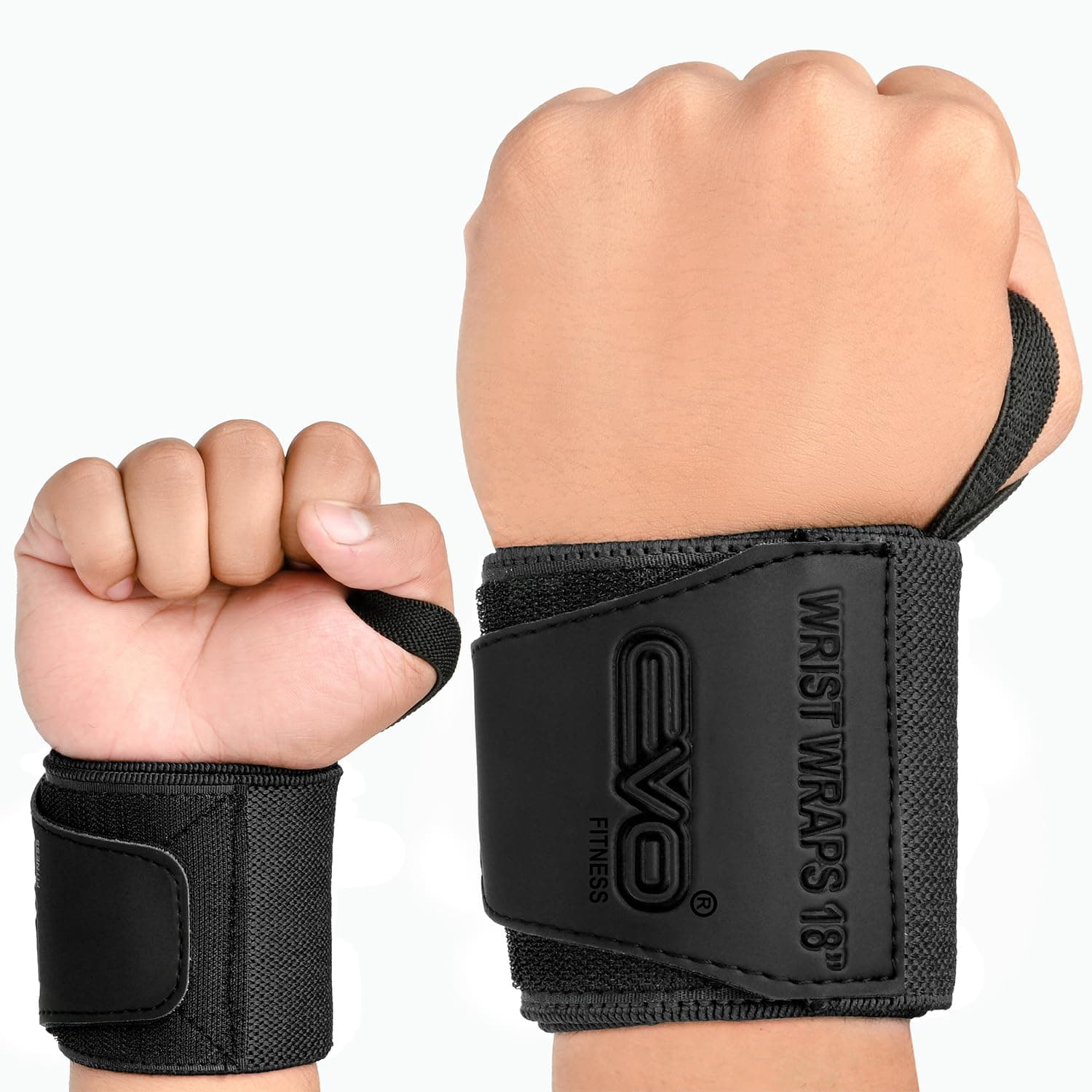 Pair of 18” Deep Black Weight Lifting Wrist Wraps Support Elasticated Cotton Straps Thumb Loop Powerlifting Bodybuilding Strength Gym Training Workout (Black)