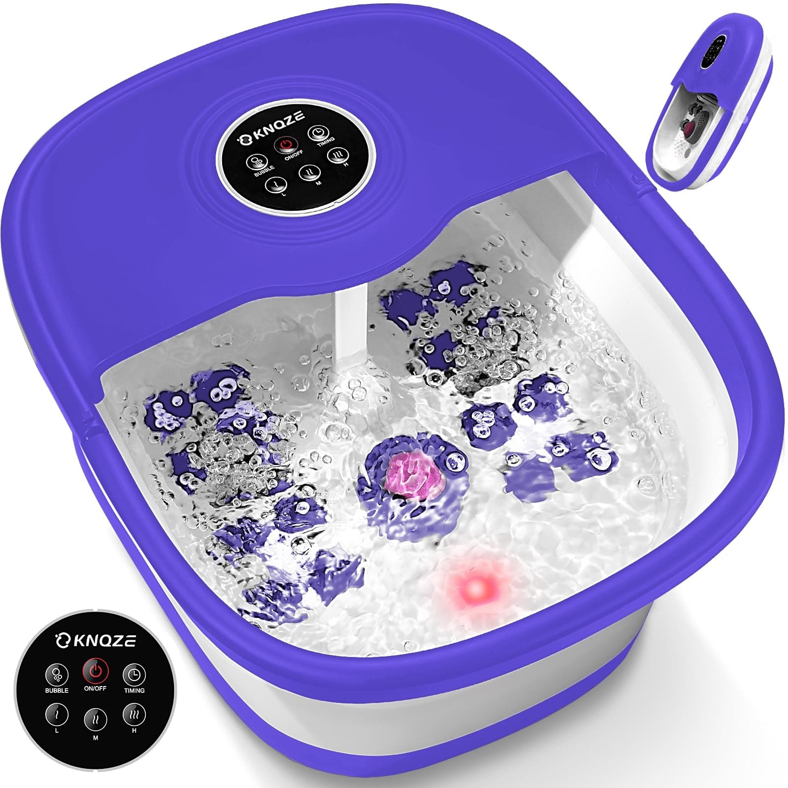 KNQZE Collapsible Foot Spa Bath with Heat, Remote Control, Temperature Control, Bubbles, Pumice Stone, Red Light, Timer, 16 Massage Roller Pedicure Foot Spa for Relaxation and Stress Relief, Purple