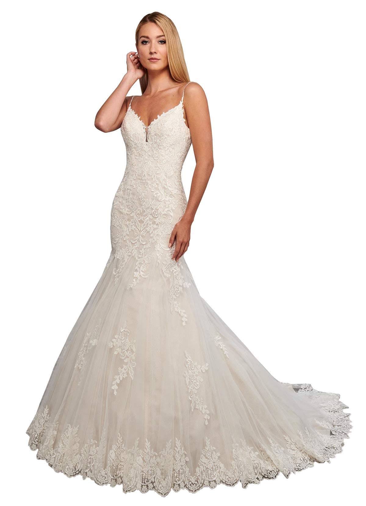 Plus Size Spaghetti Strap V Neck Wedding Dress Mermaid Long Tulle Lace Appliques Wedding Bridal Gown, Ivory, US20W