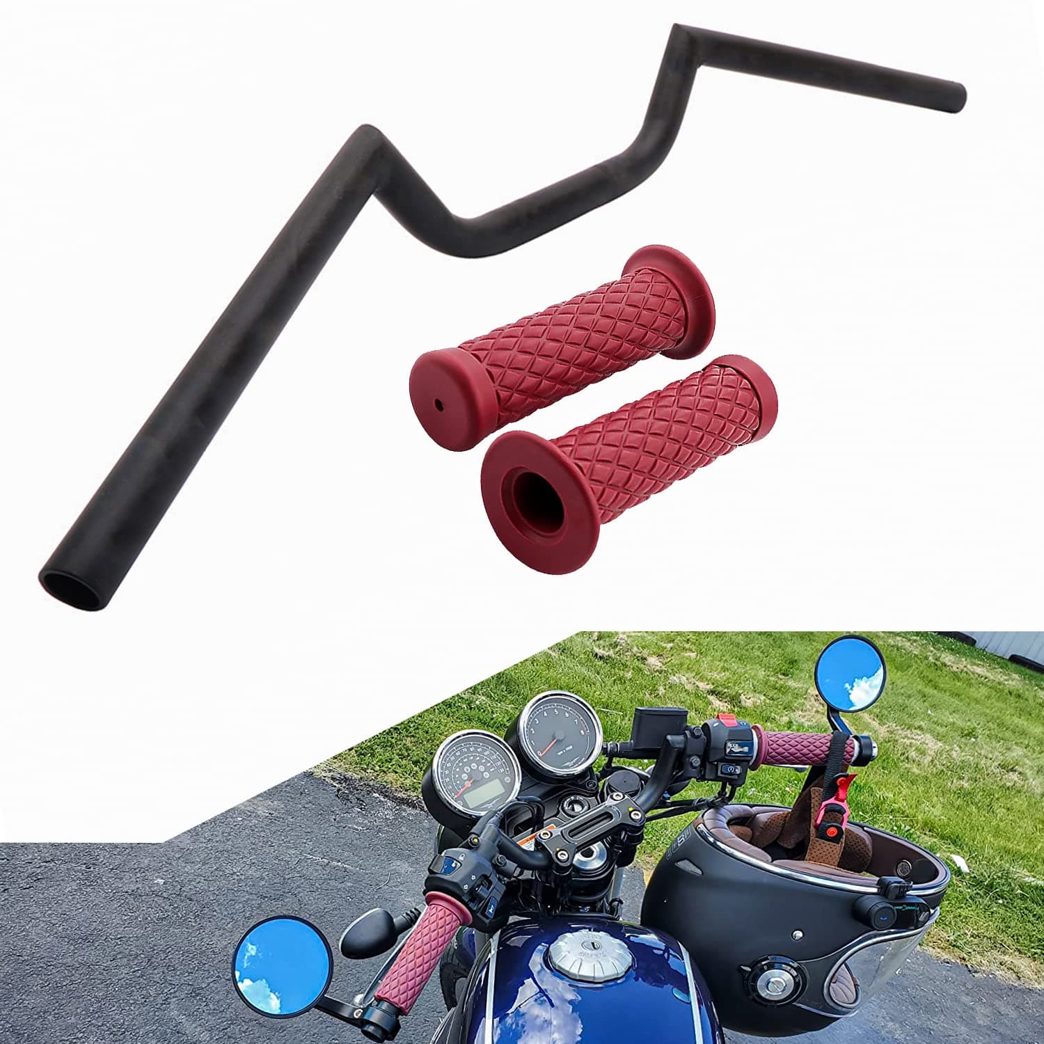 AnXin Motorcycle 7/8'' 22MM Handlebar with Rubber Handlebar Grips Cafe Racer Ace Clubman Style Handlebars Universal for Bobber Custom Application Red