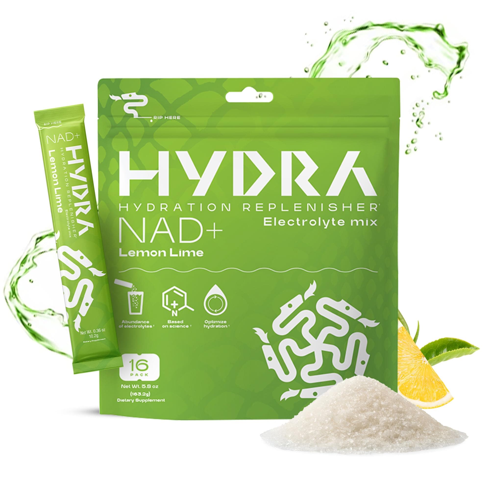 Hydra Powder Nutrients 電解質パウダー パケット NAD+、デイリーハイドレーションパケット、低ナトリウム電解質パウダー、電解質ドリンクミックス 低糖 - 16個の電解質パケット レモンライム