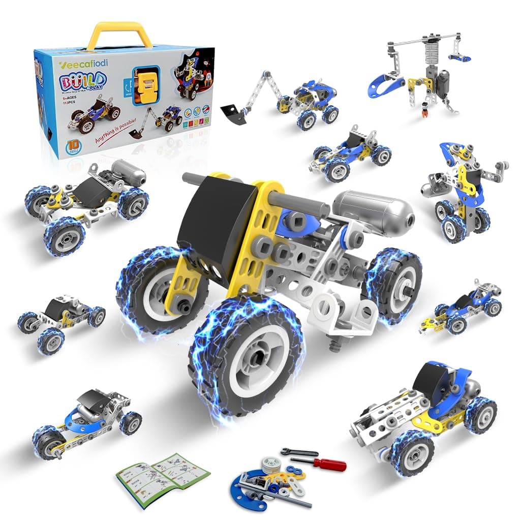 10 in 1 STEM Toys for 5 Year Old Boy, Building Toys for Kids Ages 4-8 5-7 6-8, STEM Engineering Construction Kit with Electric Motor, Educational Science Gift for 5 Year Old Boys