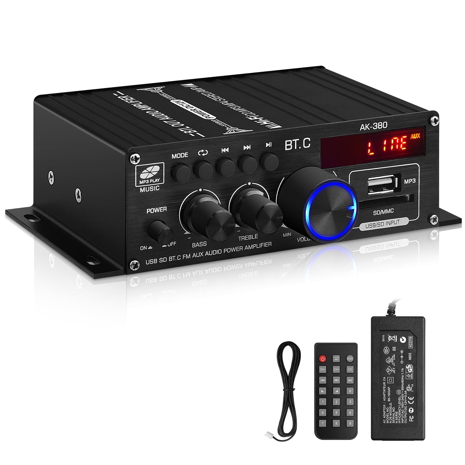 AK-380 USB SD BT.C FM AUX Audio Power Amplifier 400W+400W 2.0 CH HiFi Stereo AMP Speaker Bluetooth 5.0 Amp Receiver with 12V 5A Power Supply,Remote Control,FM Antenna for Car Home Bar Party