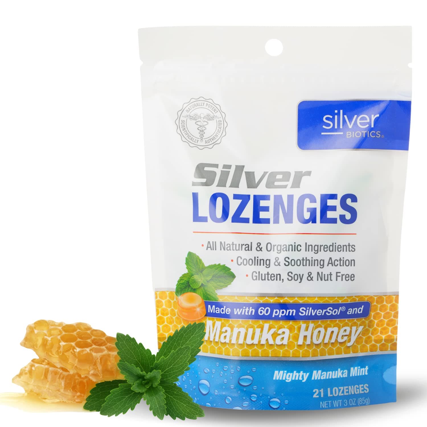 Silver Biotics Colloidal SIlver Lozenges | 60 PPM Ag₄O₄ SilverSol | Immune Support + Throat Soothing Lozenges | Manuka Honey | 21 Count
