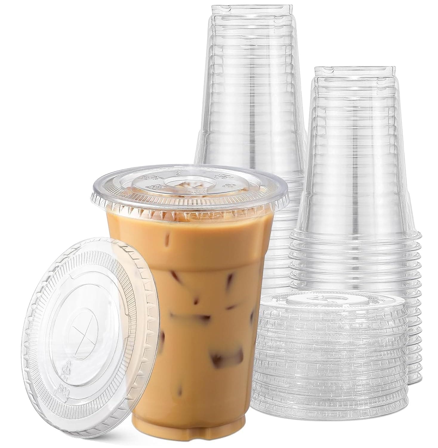 TashiBox Plastic Cups with Flat Lids 100 Sets 16 oz, Clear Crystal drink cups with lids