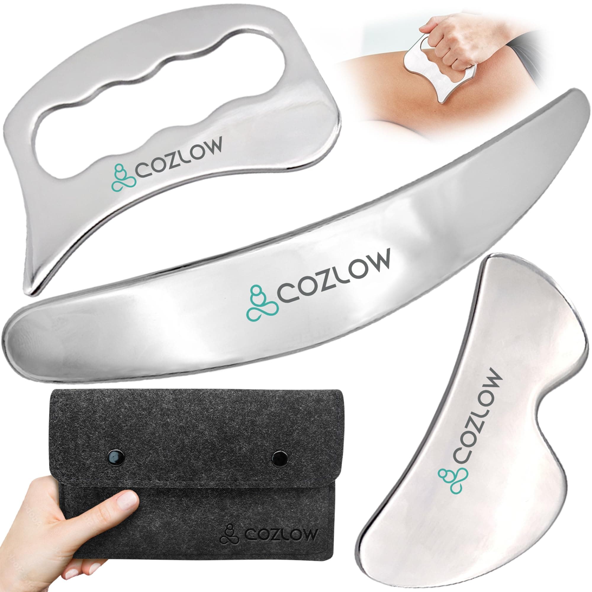 3-in-1 Muscle Scraper Tool Set - Skin Scraping Massage Tools for IASTM Therapy - Deep Tissue Gua Sha for Soft Tissue Mobilization, Fascia & Myofascial Release - Stainless Steel Metal Blades