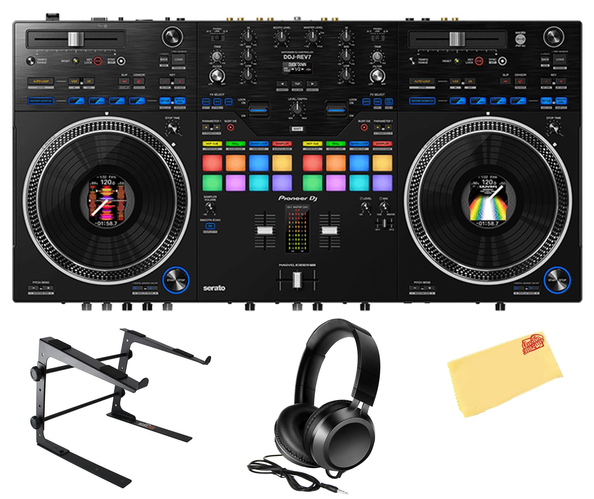 DDJ-REV7 Scratch-Style 2-Channel Professional DJ Controller Bundle with Stand, Headphones, and Austin Bazaar Polishing Cloth