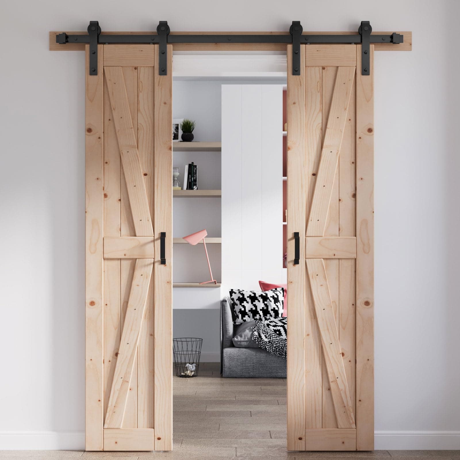 FREDBECK 36 x 84 Inch (Double 16x84 Inch Doors) Barn Doors with 6.6FT Barn Door Hardware Kit and Handle Included K Shape Solid Natural Spruce Need to Assembly