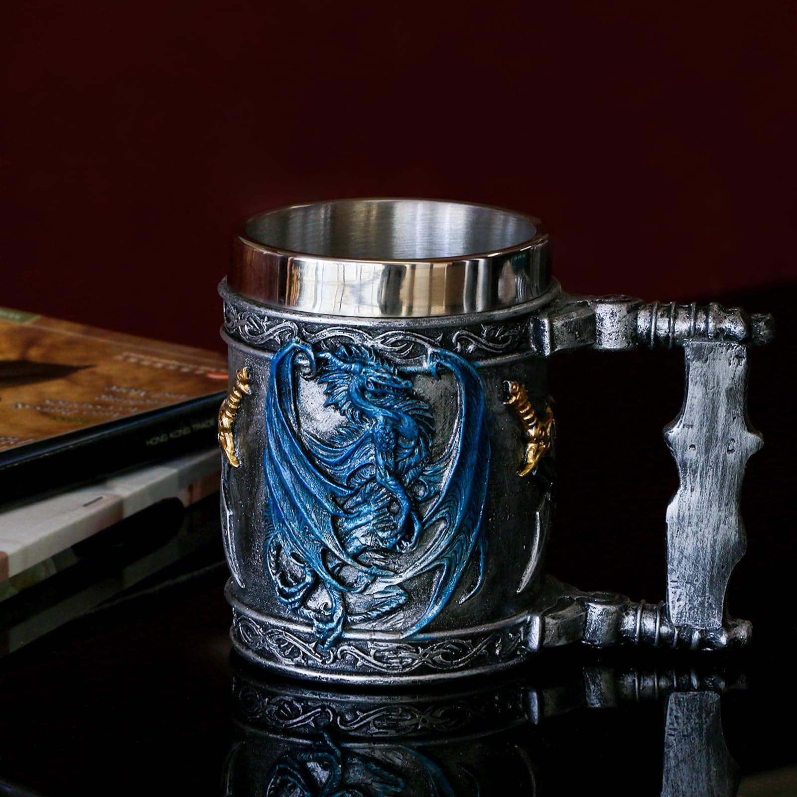 alikiki Medieval Blue Dragon D&D Game Mug of Throne Merchandise Beer Steins Viking Tankard Mug Stainless Coffee Cup Gift Mugs for Men Dragon Collector Themed Party Decoration