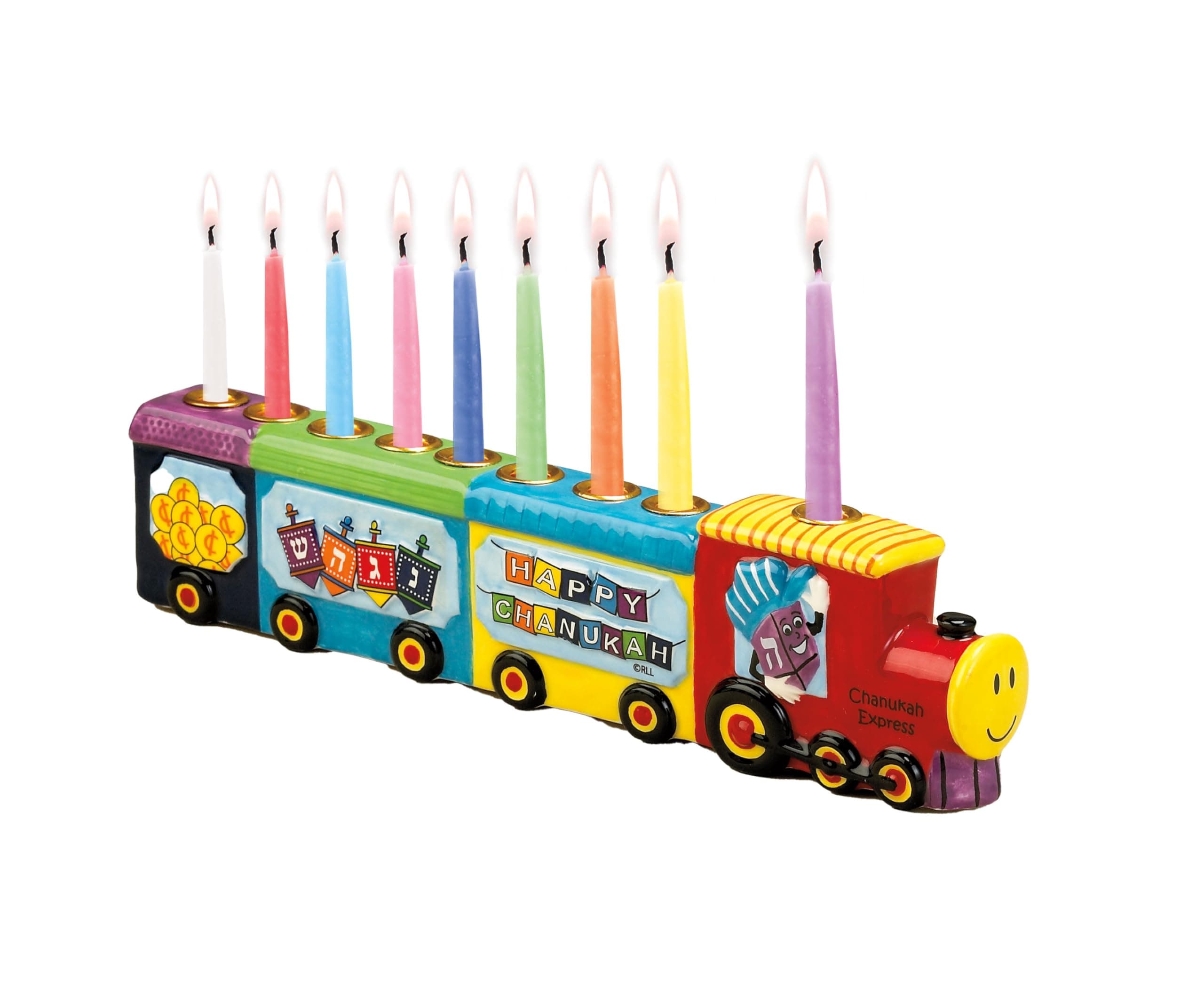 Rite LiteChanukah Menorah Express Ceramic Menorah, 11.5 Multi-Color Hannukah Train Menora Jewish Holiday Party Favors Goodie Bag Decor Accessories Festival of Lights