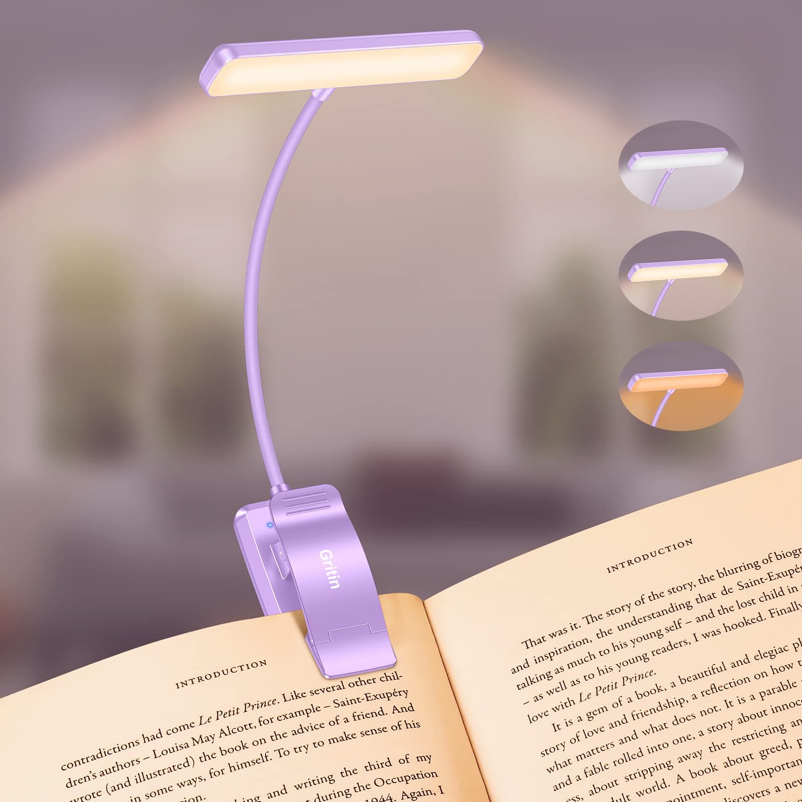 Gritin 19 LED Rechargeable Book Light for Reading in Bed with Memory Function- Eye Caring 3 Color Temperatures,Stepless Dimming Brightness,90 Hrs Runtime Clip on Light for Book Lovers-Purple