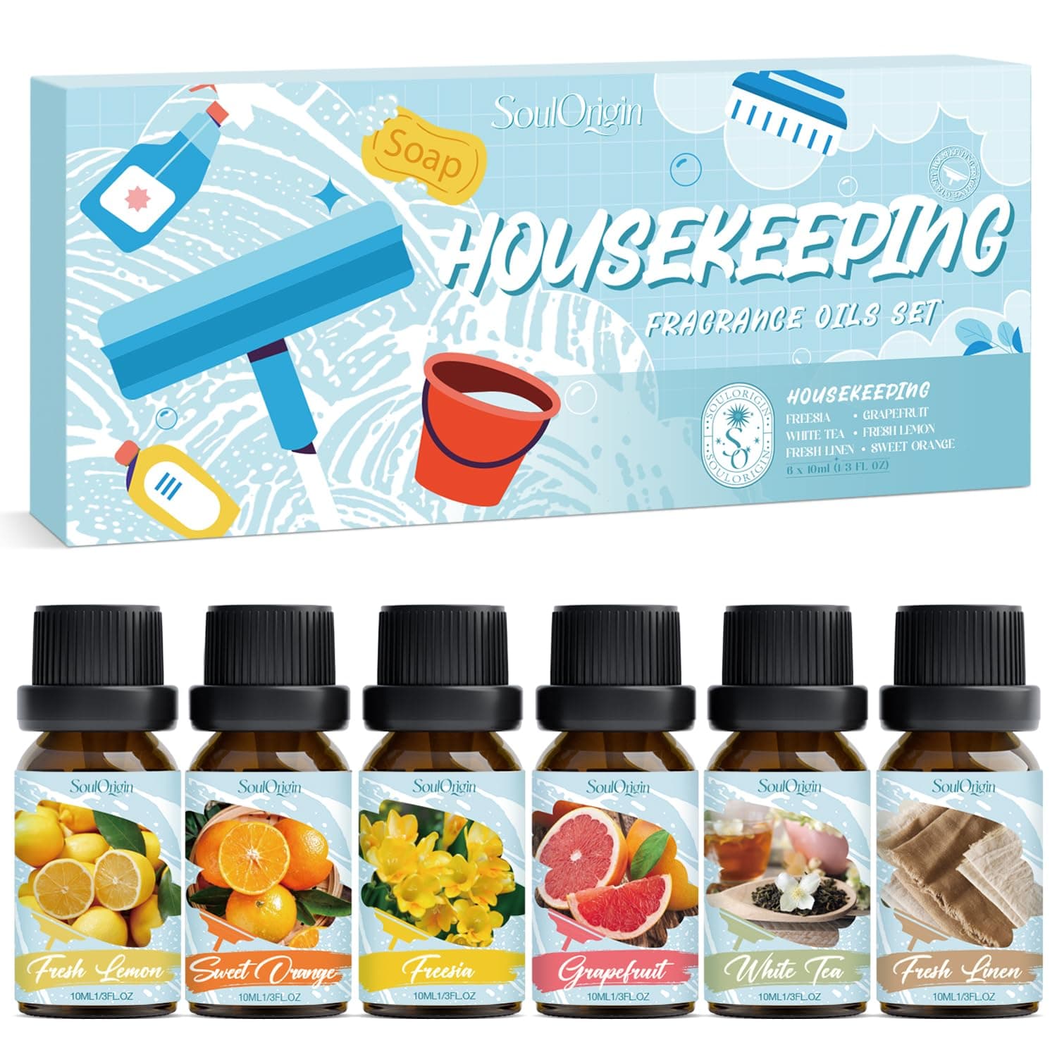 Housekeeping Fragrance Oils Set, Essential Oil Gift Set for Diffuser, Clean Scent Diffuser Oil, Use with Wool Dryer Balls - Lemon, Sweet Orange, White Tea, Fresh Linen, Freesia, Grapefruit