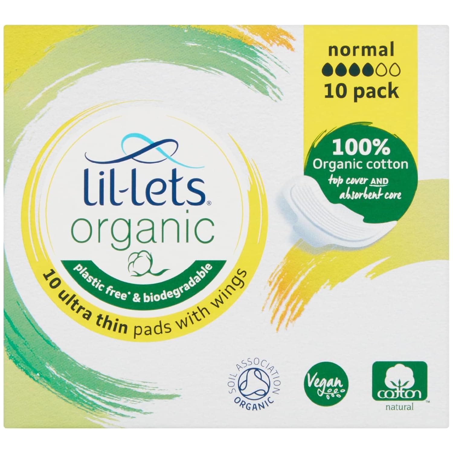 Organic Cotton Normal Pads, 10 Count, Ultra Thin, with Wings, for Light to Medium Flow, GOTS Certified, Plastic Free, Biodegradable, 100% Organic Cotton Top Cover and Absorbent Core