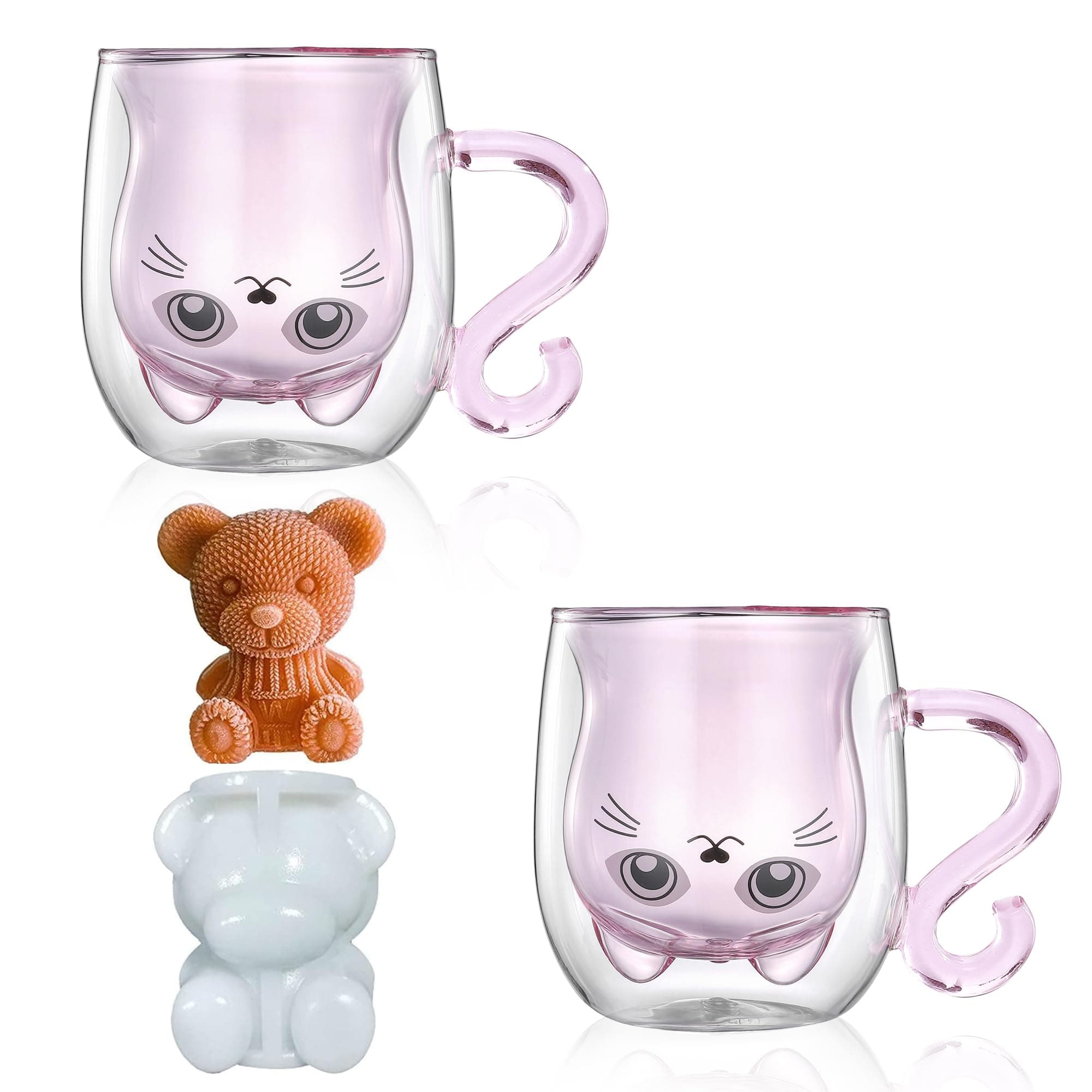 Cute Cat Mugs Set of 2, 8.5 oz Double Wall Glass Insulated Tea Cups With Handle - Pink Cat, Perfect for Birthdays and Valentine's Day (2 Pack)