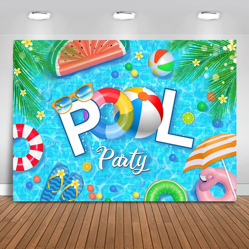 Mocsicka Pool Party Backdrop for Birthday Summer Splish Splash Pool Party Background Swimming Pool Party Cake Table Decoration Banner Photo Booth Props (7x5ft)