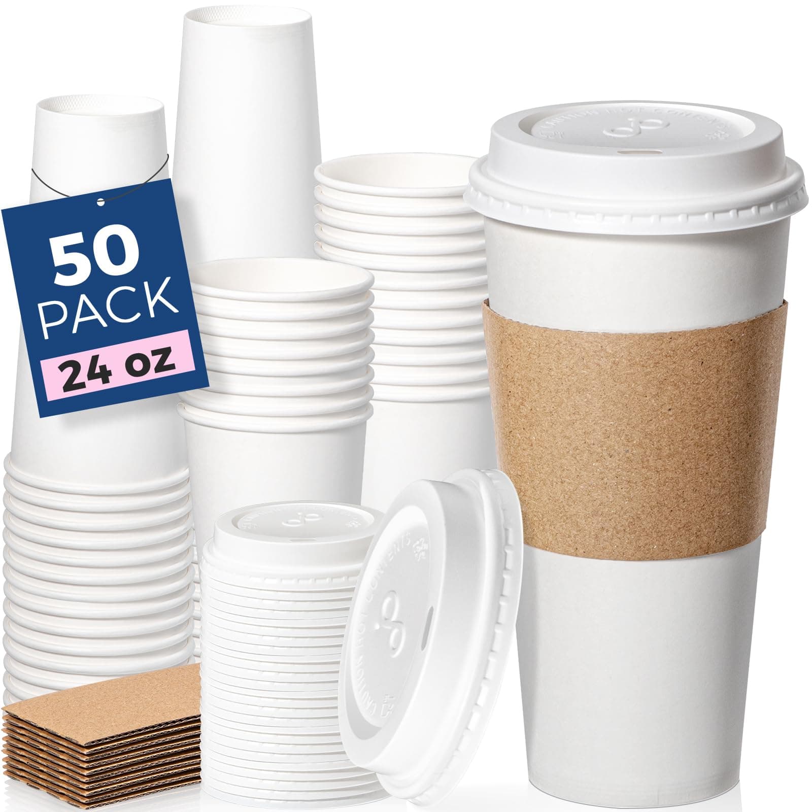50 Pack 24 oz Disposable Coffee Cups with Lids, Sleeves, Leak-Proof To Go Coffee Cups with Lids, Durable Hot Paper Cups for Home, Office, Party, Business