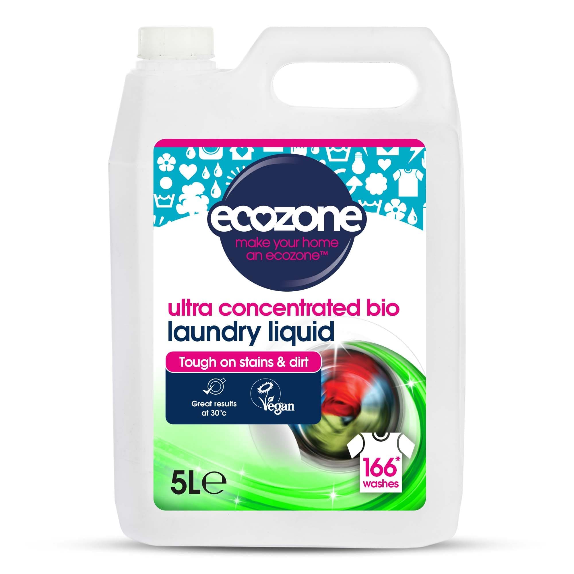 EcoZone Ultra Concentrated Biological Laundry Liquid, Bio Detergent, Washing Machine Powerful Clothing Stain Removal & Cleaning, Natural Vegan, Non Toxic, Eco Friendly, Gentle on Skin, 166 washes (5L)