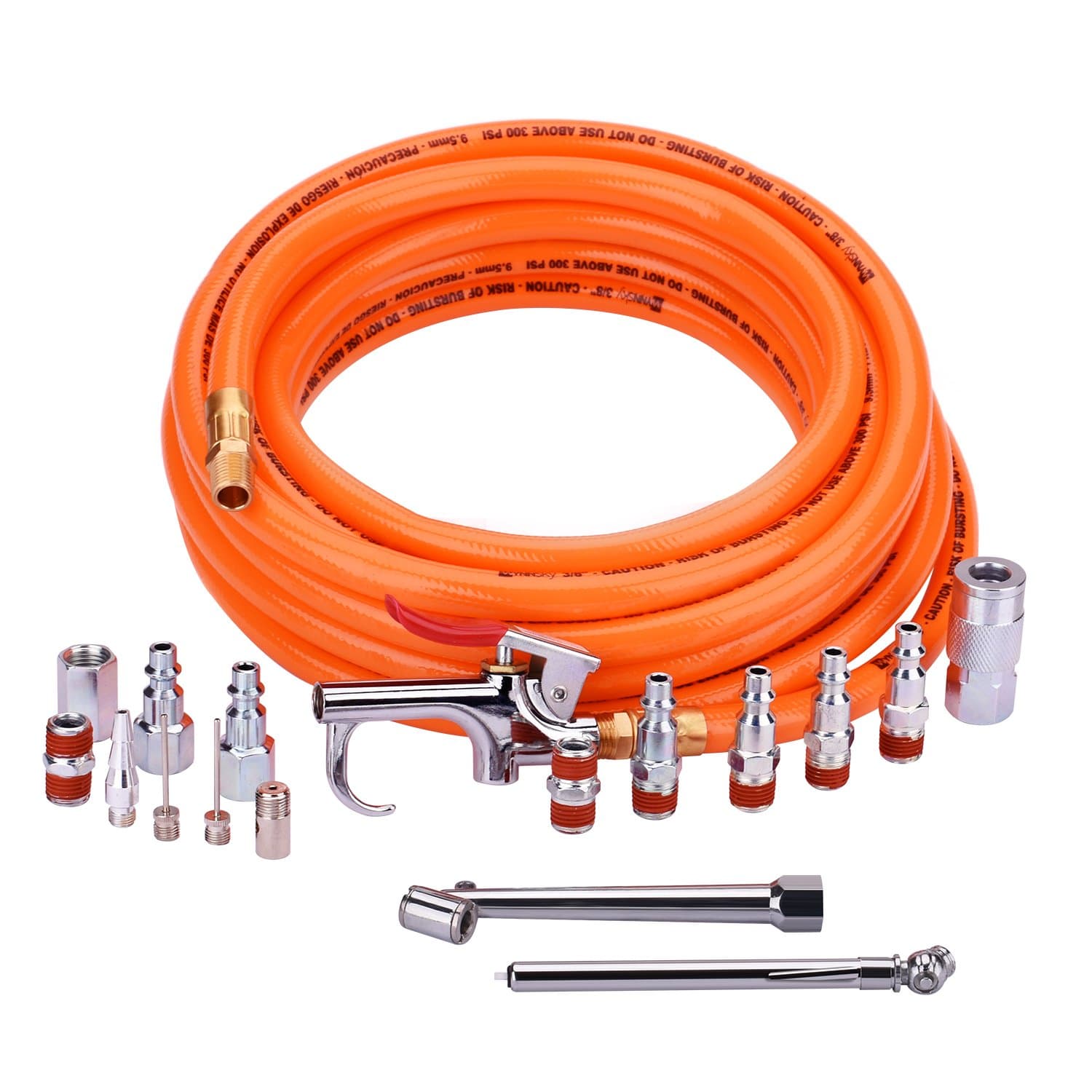 3/8" X 25ft PVC Air Compressor Hose Kit With 17 Piece Air Tool and Air Compressor Accessories Kit