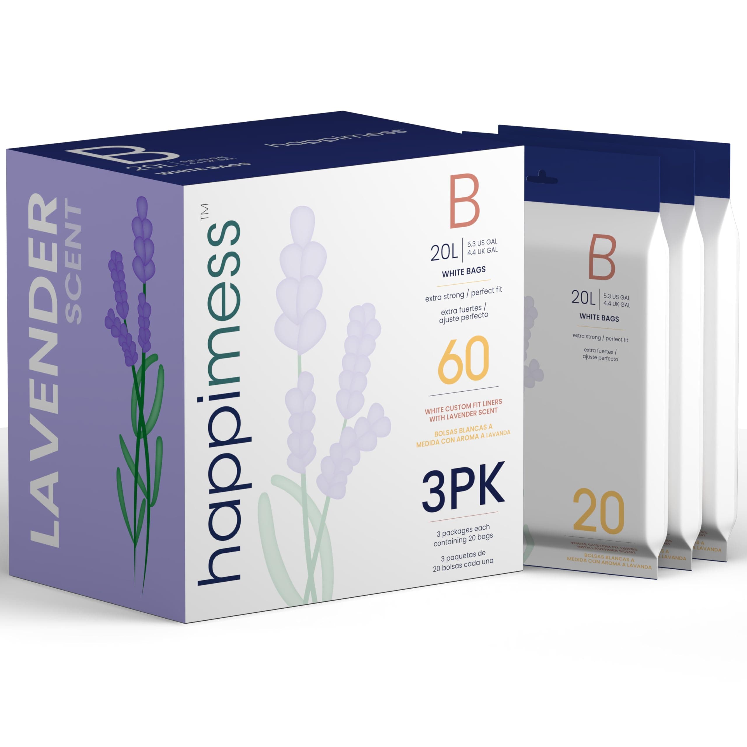 happimess 5.3 Gallon (20L) Drawstring Trash Bags, Lavender Scent, White, Heavy Duty MDPE Liners for Kitchen and Household, Odor Control, Custom Fit 60 Count (3-Packs of 20 Liners) HPM3101B-WHITE