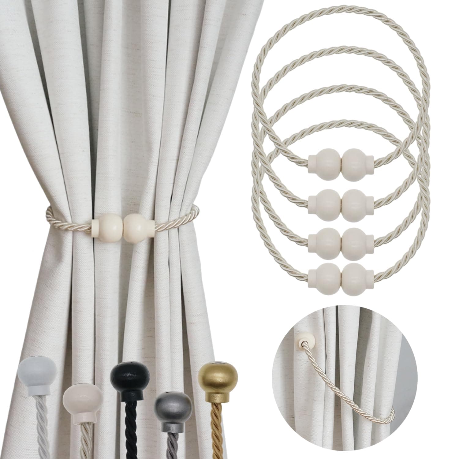 4 Pack Magnetic Curtain Tiebacks Modern Handmade Rope Curtain Tie Backs Decorative Drapes Weave Holdbacks for Home Outdoor Bedroom Office Decorative Curtain, Beige