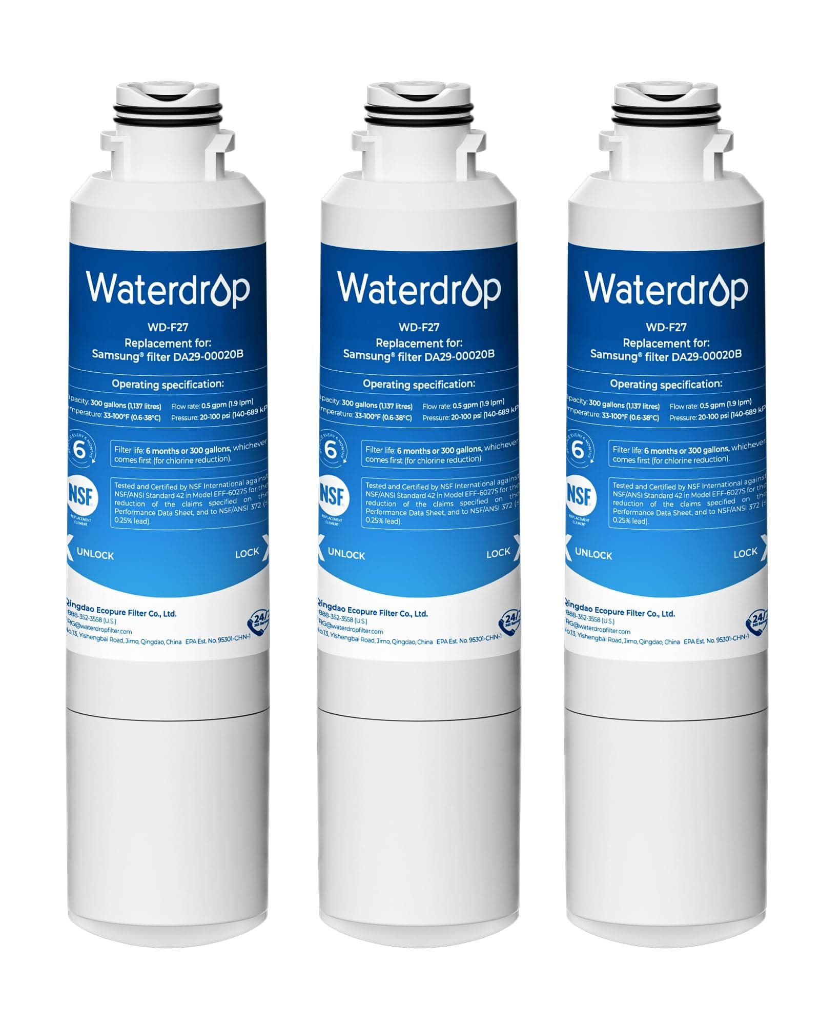 Waterdrop DA29-00020B Replacement for Samsung® Water Filter HAF-CIN/EXP, DA29-00020B, HAF-CIN, DA29-00020B-1, RF28HMEDBSR, RF263BEAESR, RS25J500DSR, RF263TEAESG, HDX FMS-2, DA97-08006A-1, 3 Filters