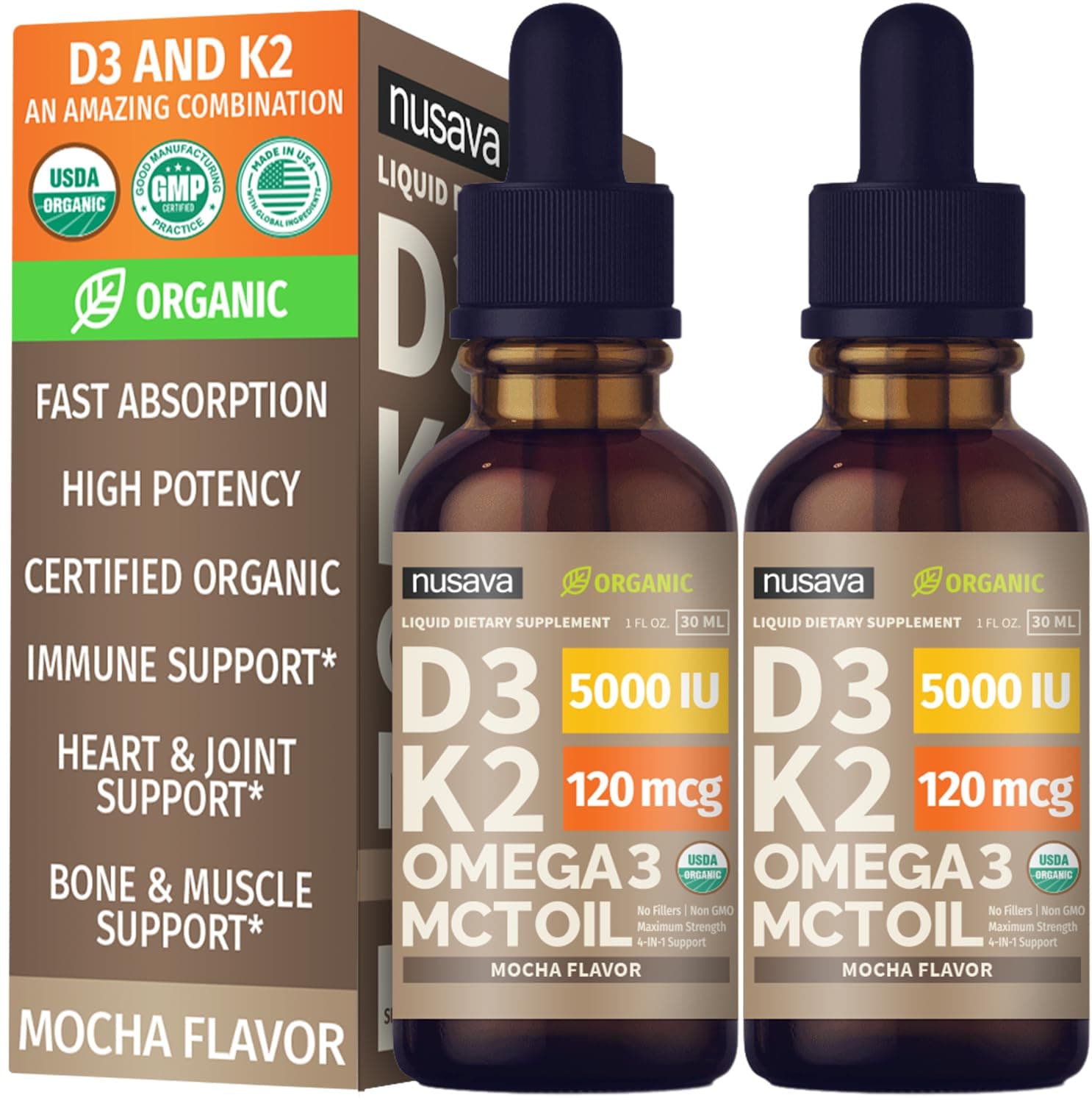 NUSAVA (2 Pack) Organic Vitamin D3 K2 Drops with MCT Oil Omega 3, 5000 IU, Maximum Strength Vitamin D Liquid, No Fillers, Non-GMO Liquid D3 for Faster Absorption and Immune Support (Mocha, 2 Fl Oz)