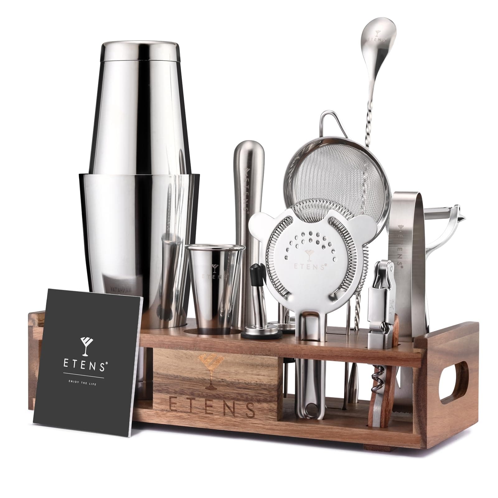 Etens Cocktail Making Kit Cocktail Set | 15-Piece Mixology Bartender Kit with Wood Stand | Professional Boston Shaker Bar Tool Set for Home Mixologists | Luxury Cocktail Maker Gift