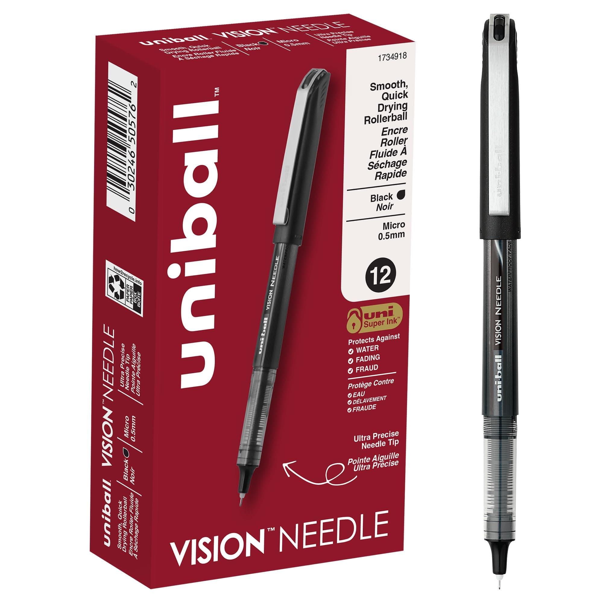 uniball Vision Needle Rollerball Pens, Micro Point (0.5mm), Black, 12 Pack