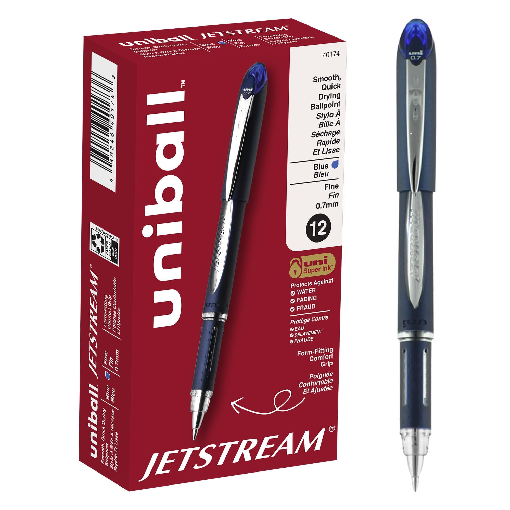 uni-ball Jetstream Ink Ballpoint Writing Pens, Fine Point (0.7mm), Blue, 12 Count